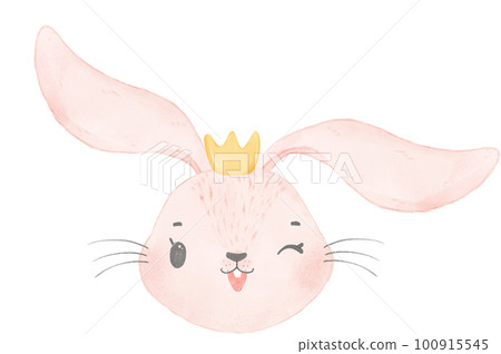 cute whimsical happy princess rabbit bunny face head wear crown  nursery children watercolour cartoon illustration 100915545