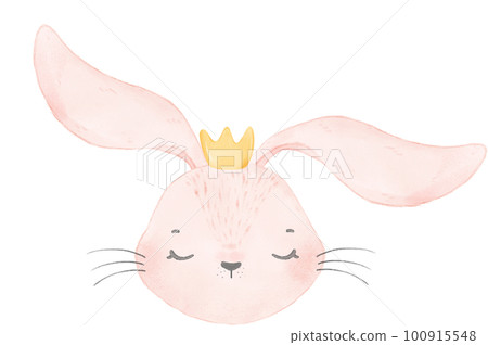 cute whimsical happy princess rabbit bunny face head wear crown nursery children watercolour cartoon illustration cute whimsical happy princess rabbit bunny face head wear crown nursery children watercolour cartoon illustration 100915548
