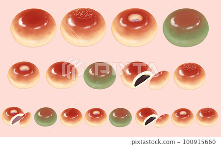 插圖素材，排列，4 種類型的 anpan，櫻花 anpan，艾蒿 anpan，粉紅色背景有差異 100915660