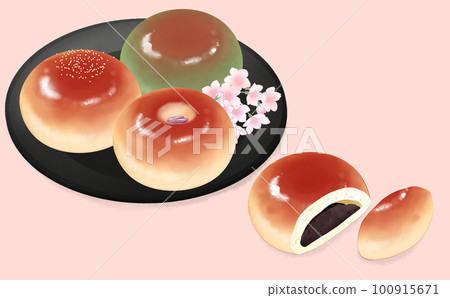 插圖素材，在一個大盤子上，4 種類型的 anpan 設置 櫻花 anpan，艾蒿 anpan 桃子背景，不同的顏色，有差異 100915671