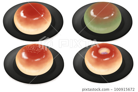 插圖素材，盤子上，4種一組的anpan，櫻花，艾蒿，透明背景，白色背景，不同顏色，有差異 100915672