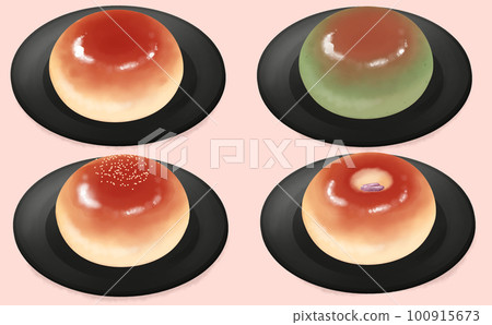 插圖素材，在盤子上，4 種類型的 anpan 設置櫻花 anpan，艾蒿 anpan，粉紅色背景，不同的顏色，有差異 100915673