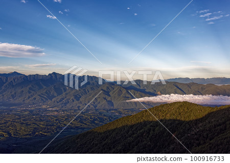 從八岳連峰和前光頭看到的朝陽下的南阿爾卑斯山和中阿爾卑斯山 100916733