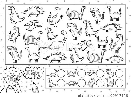 I spy game coloring page for kids. Find and count cute dinosaurs I spy game coloring page for kids. Find and count cute dinosaurs 100917138