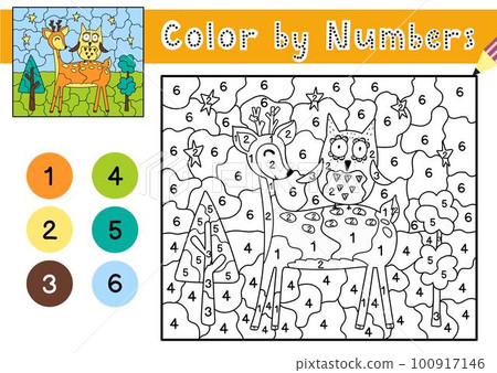 Color by numbers game for kids. Coloring page with a cute deer and owl 100917146
