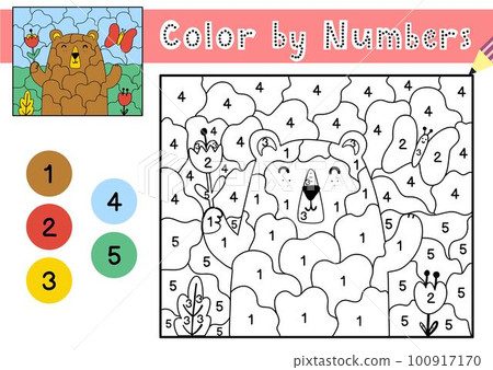 Color by numbers game for kids. Coloring page with a cute bear and flowers Color by numbers game for kids. Coloring page with a cute bear and flowers 100917170
