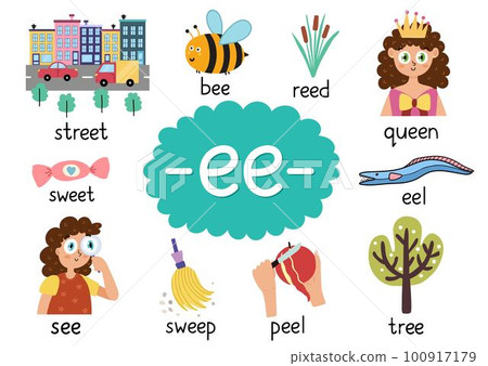 Ee digraph with words educational poster for kids. Learning phonics Ee digraph with words educational poster for kids. Learning phonics 100917179