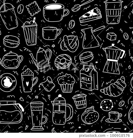 Seamless pattern with doodle coffee items as coffee makers, cups, bakery, milk, cookies, croissant, donut, macaron for wrapping paper, textile, print, poster menu 100918576