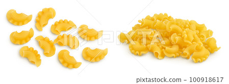 Pasta cornetti creste macaroni isolated on white background with  full depth of field. Top view. Flat lay 100918617