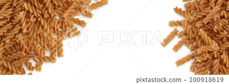 Wolegrain fusilli pasta from durum wheat isolated on white background with  full depth of field. Top view. Flat lay. 100918619
