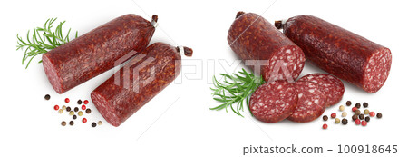 Smoked sausage salami with slices isolated on white background with full depth of field. Top view. Flat lay Smoked sausage salami with slices isolated on white background with full depth of field. Top view. Flat lay 100918645
