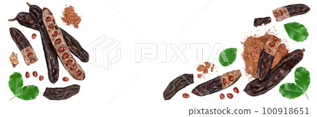 Ripe carob pods and bean isolated on white background. Top view with copy space for your text. Flat lay 100918651