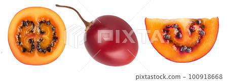 Fresh tamarillo fruit slices with leaves isolated on white background. Top view. Flat lay. Set or collection Fresh tamarillo fruit slices with leaves isolated on white background. Top view. Flat lay. Set or collection 100918668