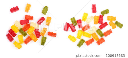 Colorful eat gummy bears jelly candy Isolated on white background. Top view. Flat lay 100918683
