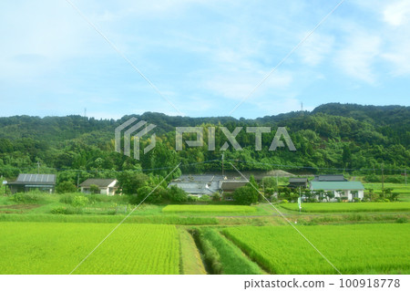 Scenery from Yamanokuchi Station on the Nippo Main Line to Kagoshima Station in the early morning of the summer of 2022 with a cloudy sky Scenery from Yamanokuchi Station on the Nippo Main Line to Kagoshima Station in the early morning of the summer of 2022 with a cloudy sky 100918778