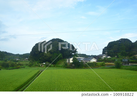 Scenery from Yamanokuchi Station on the Nippo Main Line to Kagoshima Station in the early morning of the summer of 2022 with a cloudy sky Scenery from Yamanokuchi Station on the Nippo Main Line to Kagoshima Station in the early morning of the summer of 2022 with a cloudy sky 100918822
