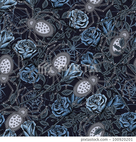 Camouflage pattern with blue roses, spiders of silver metallic jewelry chain Camouflage pattern with blue roses, spiders of silver metallic jewelry chain 100920201