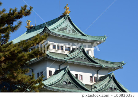 Nagoya castle tower with golden shachi Nagoya castle tower with golden shachi 100920353