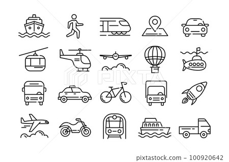 Transport line icons. Car travel. Vehicle types. Taxi and bike. Public bus. Bicycle and train body. Automobile truck or van. Helicopter and motorcycle traffic. Vector outline pictograms set 100920642