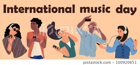 People listen to music. International musical day. Dancing women or men with headphones. Audio player. Modern leisure and entertainment. Persons enjoying of melody. Vector banner design People listen to music. International musical day. Dancing women or men with headphones. Audio player. Modern leisure and entertainment. Persons enjoying of melody. Vector banner design 100920651