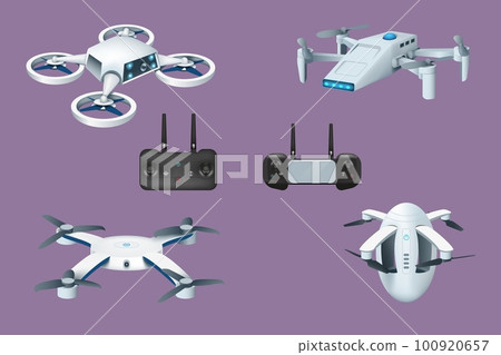 Delivery drone. 3d aerial copter with camera, flying vehicle gadget with propeller. Quadcopter and control joystick. UAV technology. Video equipment. Vector illustration isolated set 100920657
