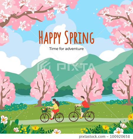 Spring flower landscape. Bicycle travel. Blossom season card with lettering. River and green plants. Blooming sakura trees. Couple ride bikes. Park road. Vector illustration background 100920658
