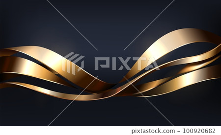 3D flowing metal shapes. Glossy waves. Dynamic curved lines. Decorative gold twist. Motion fluid with metallic gilt tapes. Business presentation. Luxury background. Vector realistic banner 100920682