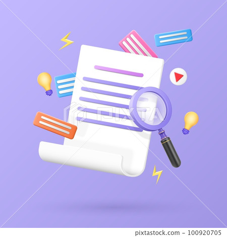 Research application elements. Finding information with magnifying glass. Online library. Paper document study. 3D internet doc signs. Business marketing database. Vector content render 100920705