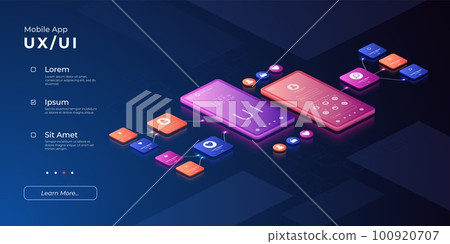 UI UX design. Mobile prototype. 3D user experience interface. Digital technology. Smartphone application management. Electronic devices. Phone app control. Vector web banner template 100920707