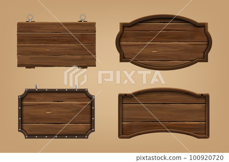 3D wooden sign boards. Wood texture. Natural timber. Old bar or saloon vintage table. Rustic aged frame. Empty billboards. Fence signage. Rustic plank. Vector realistic signboards set 100920720