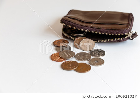 coins spilled out of coin purse 100921027