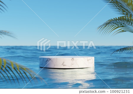 3d podium with copy space for product display presentation on palm beach abstract background. Tropical summer and vacation concept. Graphic art design. 100921231