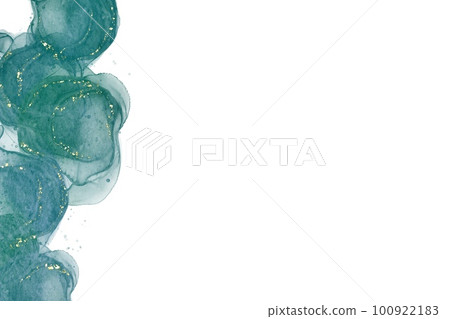 酒精水墨藝術的白色背景抽象框架）液體紋理綠色圓圈和左邊的金色閃光 100922183