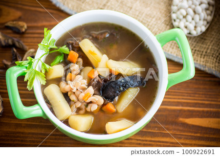 mushroom hot soup with beans in a bowl mushroom hot soup with beans in a bowl 100922691