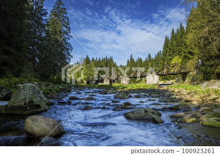 gate bridge in Rechle near Modrava,  Sumava National Park, Czech Republic 100923261