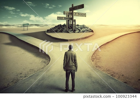 Man Standing At Crossroad Choosing Right Path,... - Stock Illustration ...