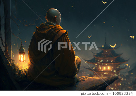 Buddhist monk sits on temple roof and looks at city and sky at night, generative AI. Buddhist monk sits on temple roof and looks at city and sky at night, generative AI. 100923354