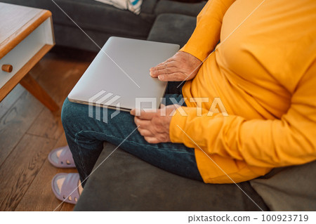 Portrait of happy senior woman looking at camera at home. Successful old lady laughing and working at home. Beautiful stylish elderly woman smiling and relaxing at home. Portrait of happy senior woman looking at camera at home. Successful old lady laughing and working at home. Beautiful stylish elderly woman smiling and relaxing at home. 100923719