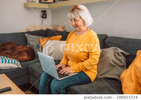 Portrait of happy senior woman looking at camera at home. Successful old lady laughing and working at home. Beautiful stylish elderly woman smiling and relaxing at home. Portrait of happy senior woman looking at camera at home. Successful old lady laughing and working at home. Beautiful stylish elderly woman smiling and relaxing at home. 100923724