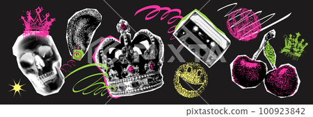 Dithering halftone collage elements for mixed media design. Crown, skull, cherry, cassette, ear and shapes in bitmap halftone texture, dotted pop art style. Vector illustration of grunge crazy art Dithering halftone collage elements for mixed media design. Crown, skull, cherry, cassette, ear and shapes in bitmap halftone texture, dotted pop art style. Vector illustration of grunge crazy art 100923842