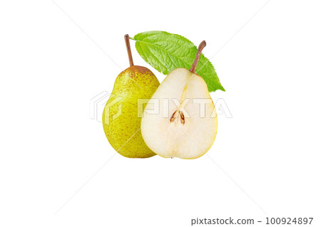 Pear Rocha whole and half cut fruits isolated on white Pear Rocha whole and half cut fruits isolated on white 100924897