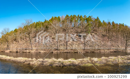 Panoramic view over magical deciduous forest, rocky granite hills landscape at riverside of Zschopau river near Mittweida town, Saxony, Germany, at warm sunset and blue Spring sky. 100925299