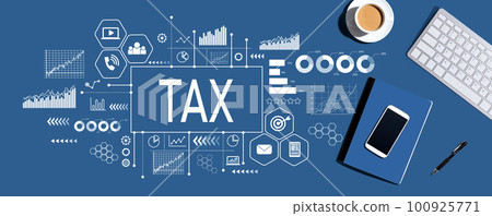 Tax theme with computer keyboard and office items 100925771