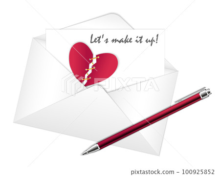 Red broken heart in an envelope with a letter. The inscription Lets make peace. The concept of reconciliation, family support, care. Friendship and trust concept Red broken heart in an envelope with a letter. The inscription Lets make peace. The concept of reconciliation, family support, care. Friendship and trust concept 100925852