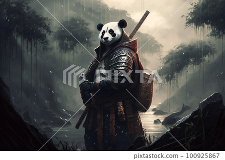 Panda samurai in mountain landscape, AI generated illustration 100925867