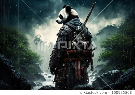 Panda samurai in mountain landscape, AI generated illustration 100925868