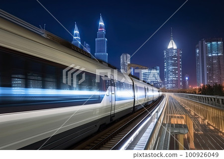 Modern high speed train at night. Fast train in city with motion blur effect, Public transport. Railway transportation. Created with Generative AI 100926049