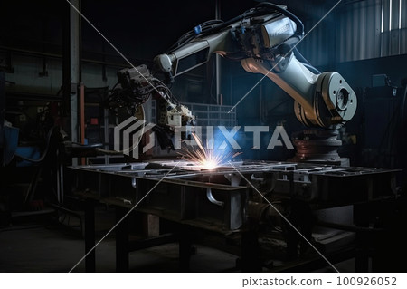 Robotic arm works on welding. Conveyor line at factory. Automatic welding. Created with Generative AI Robotic arm works on welding. Conveyor line at factory. Automatic welding. Created with Generative AI 100926052