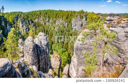 Panoramic view over monumental Bastei sandstone pillars and ancient bridge near Kurort Rathen village in the national park Saxon Switzerland by Dresden and Czechish border, Saxony, Germany. 100926141
