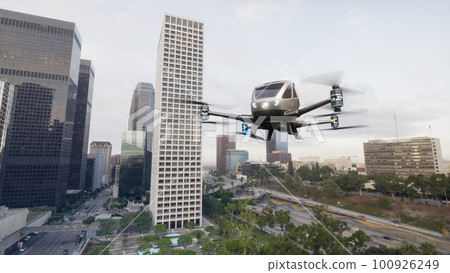 Autonomous driverless aerial vehicle fly across city, 3d render Autonomous driverless aerial vehicle fly across city, 3d render 100926249